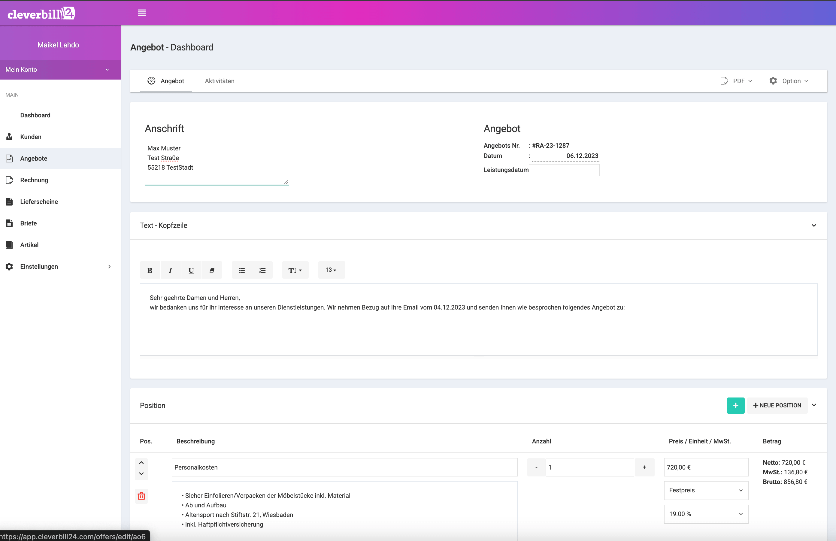 app.cleverbill24.com Dashboard